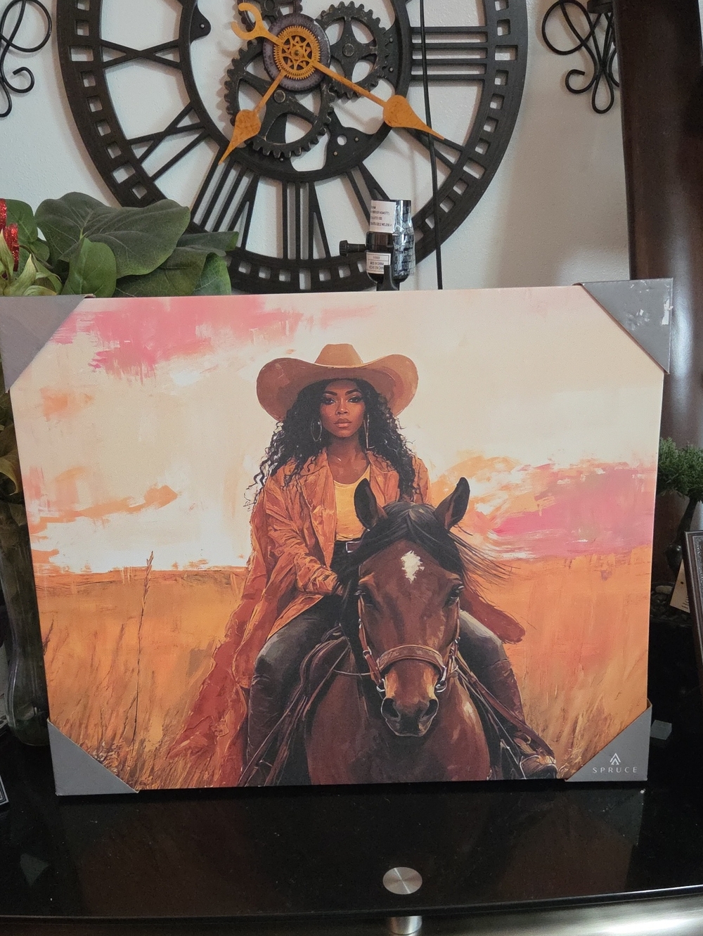 Orange & Pink Western Canvas Wall Art - Woman on Horse